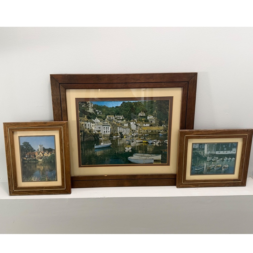 Vintage Framed Foil Art Etching Set 3pc European Coastal Village Harbor Scene